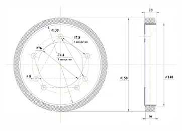 Кольцо фрикциона для снегоуборщиков (полиуретан на метал.диске) D-158/135, посад.d-76, 5 отв-48, 3 отв-74 фото №14217